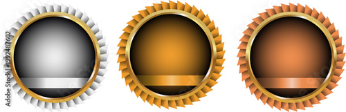 高級感あふれる金属質の円形アワードバッジセット シルバーゴールドブロンズのグラデーションフレームと装飾リボン付きエンブレムデザイン素材