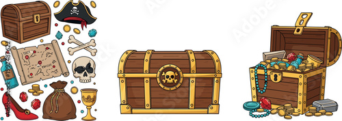 Pirate treasure chest set with gold coins, map, skull and accessories, hand drawn adventure illustration isolated on white background