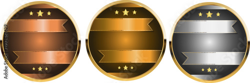 上下リボン付き円形プレートのクラシックアワードバッジ ゴールドブロンズシルバーの高級感ある装飾テンプレート素材