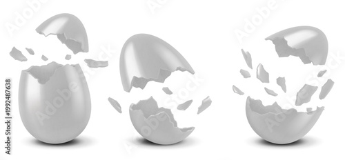 白い卵が割れて飛び散る瞬間を捉えたダイナミックでインパクトのある誕生や変化を象徴するミニマル3Dイメージ