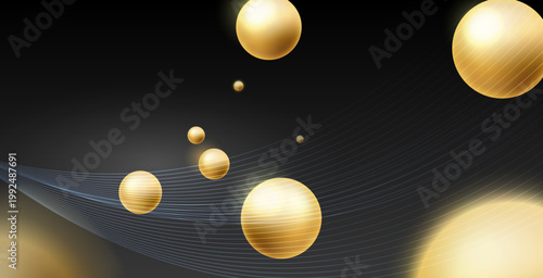 未来的なブラック背景に浮遊する黄金の球体と流線が織りなすラグジュアリーで抽象的なデジタルアート背景