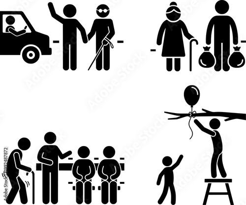 Community Support and Assistance Icons – Helping Elderly, Disabled People and Social Care Concepts