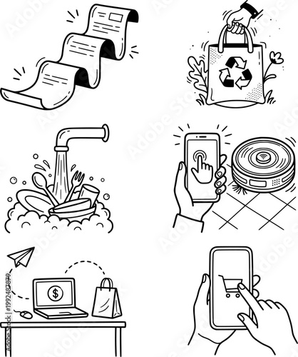 Lifestyle Icons Set – Home, Shopping, Smart Technology and Daily Activities Line Illustration