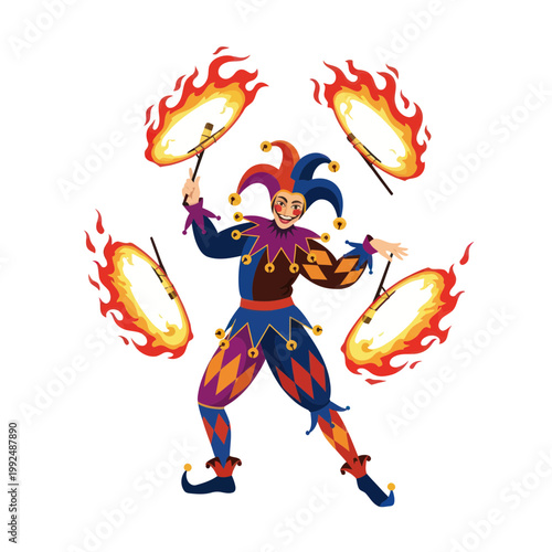 Jester juggling flaming props, circus performer, fire show, entertainment