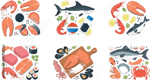 Seafood dishes set with salmon sushi shrimp mussels and fish gourmet cuisine vector illustration collection for restaurant menu design