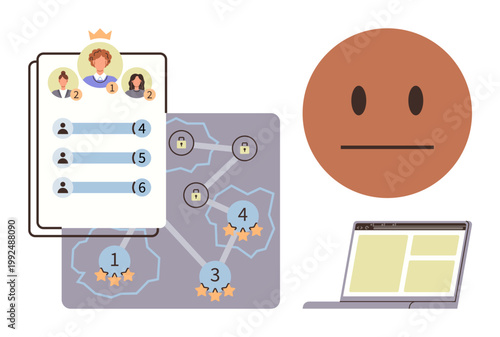 Digital platforms, online ratings, user ranking, data visualization, network security, social evaluations. User profiles, interconnected rankings screen and emotion icon. Online rankings