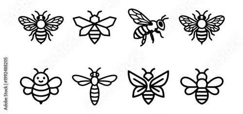 Set of bee icons, collection of honey bee symbols, vector illustration