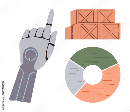 Technology, artificial intelligence, industry automation, logistics, robotics, data analytics. A robotic hand, wooden crates and a bar graph. Technology and artificial intelligence conceptual design