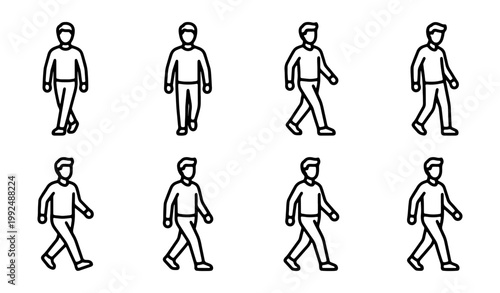 Set of walking man icons, simple line art style vector illustration