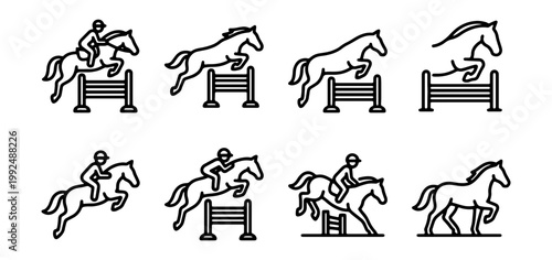 Set of horse jumping icons, equestrian sport collection, show jumping, vector illustration