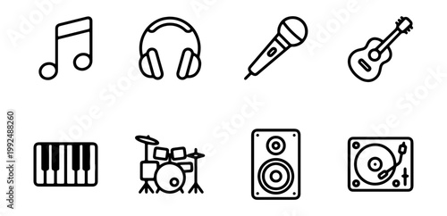 Music icons, audio symbols, sound equipment, music instruments