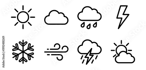 Weather icons, climate symbols, forecast signs, 8 elements, vector graphics