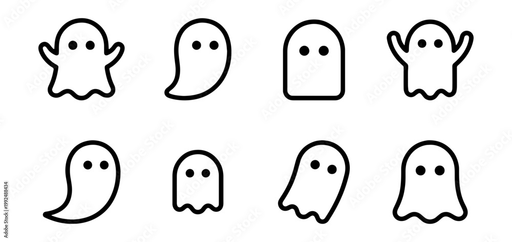 Fototapeta premium Set of cute ghost icons, simple line art vector illustrations for halloween design