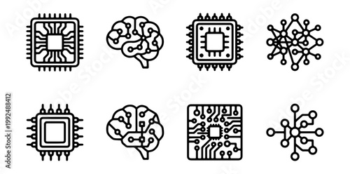 Set of artificial intelligence and technology icons including microchips, neural networks, and digital brains