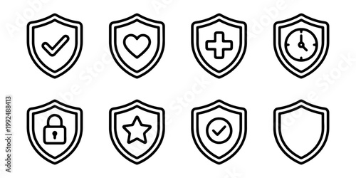 Set of shield icons with various symbols, including checkmark, heart, medical cross, clock, padlock, star, and checkmark in circle