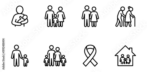Set of family and life cycle icons, including parents, children, elderly couple, and awareness ribbon