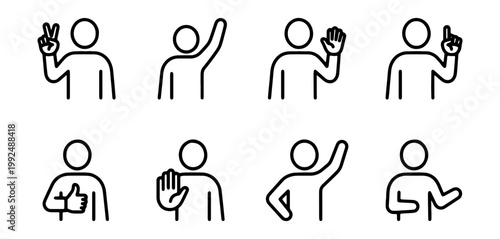 Set of simple line icons of people making various hand gestures and signals