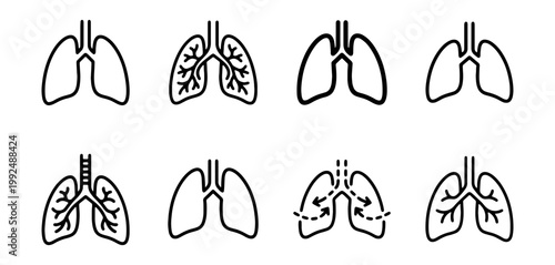 Set of lung icons, human respiratory system symbols, medical vector illustrations