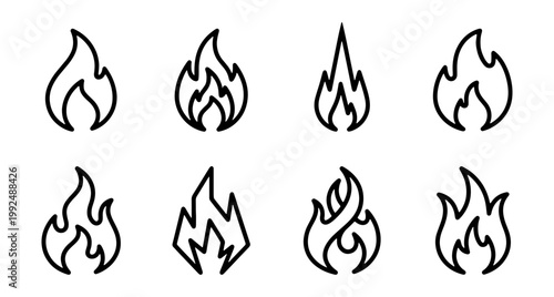 Set of black and white fire flame icons, vector illustration of various fire shapes