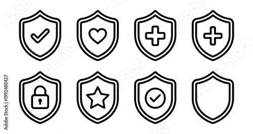 Set of shield icons with various symbols, including checkmark, heart, medical cross, lock, and star, vector illustration
