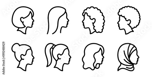 Set of female hairstyles icons, side view, vector illustration