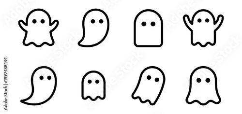 Set of cute ghost icons, simple line art vector illustrations for halloween design