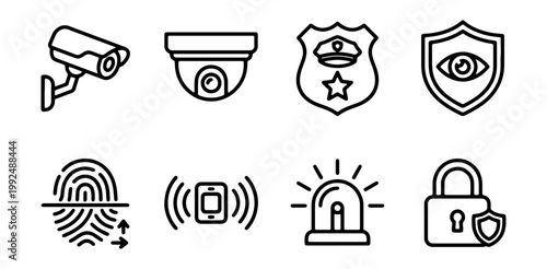 Set of security and surveillance icons, including cctv cameras, police badge, eye shield, fingerprint, smartphone alert, alarm siren, and padlock