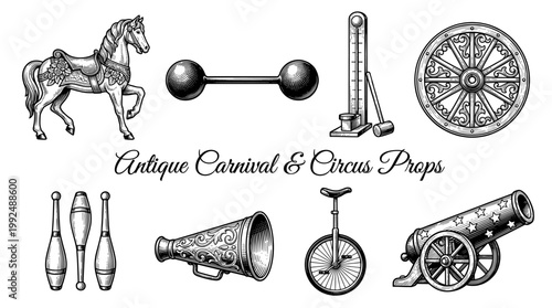 Antique Carnival and Circus Props Collection, Vintage Engraved Vector Illustration with Carousel Horse, Cannon, Unicycle, and High Striker