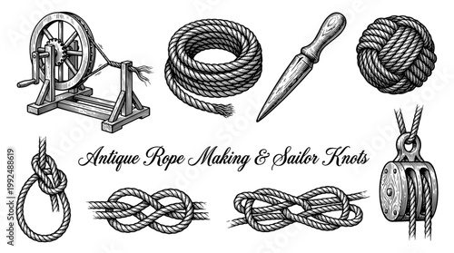 Collection of Antique Sailor Knots and Rope Making Tools Vintage Engraving Style Vector Illustration with Pulley and Machine
