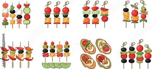 Set of assorted appetizer skewers and tapas with vegetables, cheese, olives and seafood isolated on white background vector illustration collection