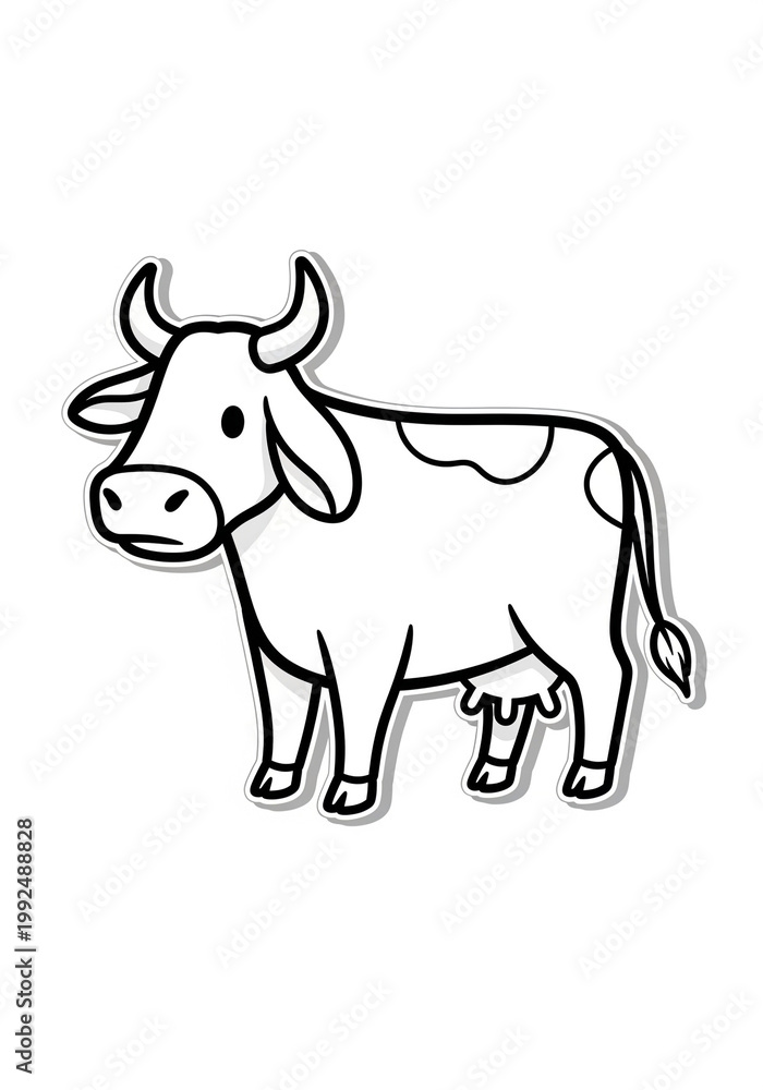 Fototapeta premium This is a simple black and white illustration of a cow, perfect for kids' coloring pages and educational materials. The image features a cartoon-style cow with a large body, small head, and 