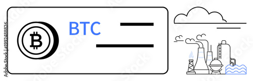 Cryptocurrency, energy consumption, mining impact, blockchain, environmental issues, digital finance. Bitcoin symbol displayed with factory emitting smoke. Cryptocurrency and energy consumption