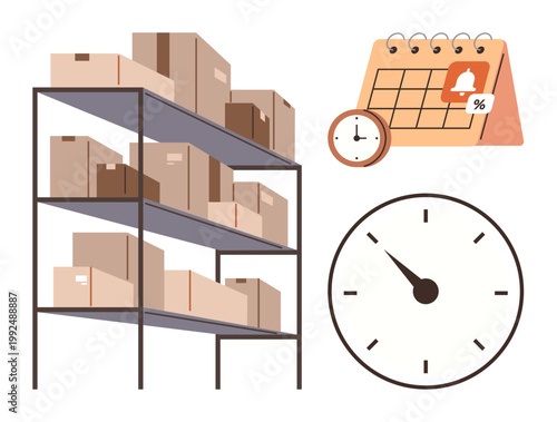Logistics, warehouse operations, supply chain, inventory management, time tracking, delivery scheduling. Shelves with boxes, calendar clocks. Logistics and warehouse operations concept