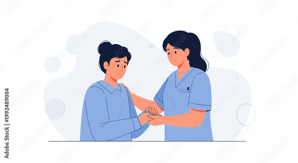 Fototapeta premium Nurse comforting patient, empathy, care, support, medical help, healthcare concept