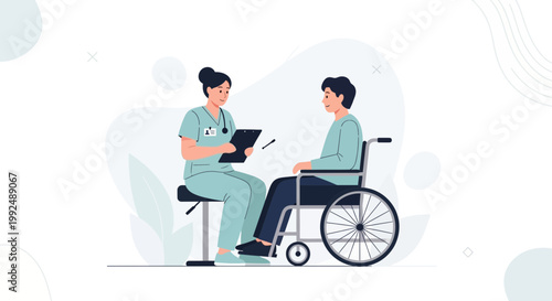 Nurse Consults with Patient in Wheelchair, Healthcare and Support Concept