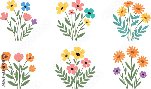 Set of colorful flat style flower bouquets with leaves and stems isolated on white background for spring and summer design projects