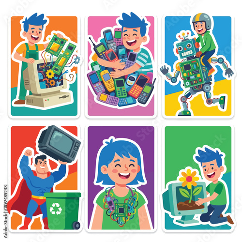 Happy 2D Stickers Of Communities Hugging Inflatable Globes And Playing Recycled Wood Guitars For World Environment Day Global Earth Festival Nature Love Celebration And Ecological Awareness Art