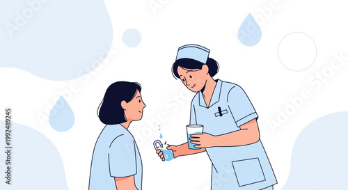 Nurse giving water to patient, healthcare, medical assistance, patient care, hospital scene