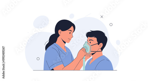 Nurse Helping Child with Oxygen Mask - Medical Care Illustration