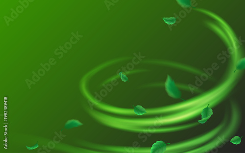 爽やかなグリーンの旋風に舞う若葉が描く自然のエネルギーと流動感を表現した抽象エコ背景イラスト