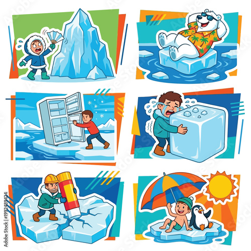 Silly 2D Stickers Of Polar Bears In Hawaiian Shirts And People Fanning Giant Icebergs To Combat Warming For World Environment Day Arctic Glacier Conservation Awareness And Climate Change Action