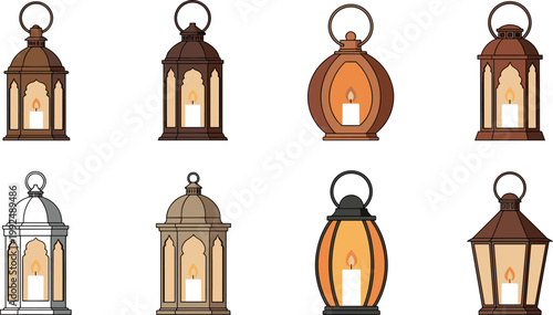 Set of decorative Ramadan lanterns with glowing candles isolated on white background, traditional Islamic festive vector illustration collection