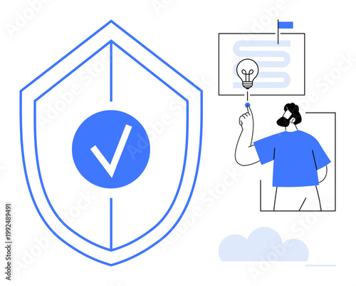 Cybersecurity, digital protection, secure browsing, data privacy, innovation, authentication, online strategies. A shield with a checkmark and a person pointing at a lightbulb. Cybersecurity