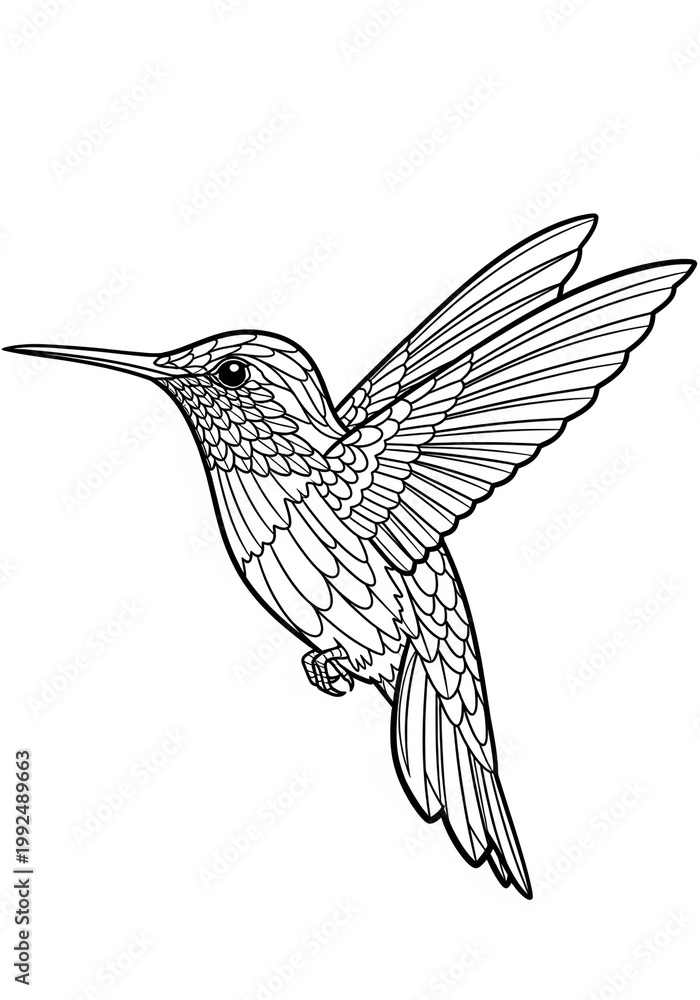 Obraz premium This beautiful black and white line drawing of a hummingbird in flight is perfect for hummingbird coloring pages. The detailed illustration showcases the bird's intricate feathers, wings, an