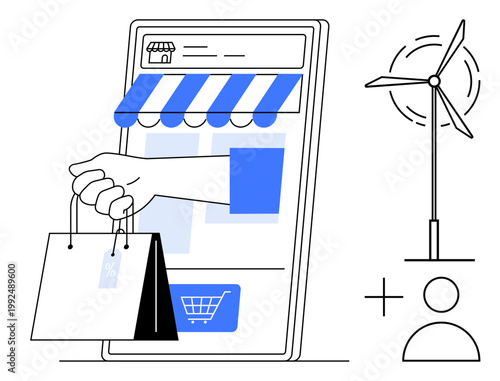 E-commerce, sustainability, renewable energy, green business, eco-friendly shopping, innovation. Smartphone screen with shopping bags and wind turbine outline. E-commerce and sustainability combined