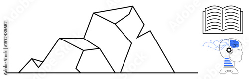 Knowledge, education, creativity, problem-solving, innovation, learning. Abstract geometric mountain, open book and brain with gears. Knowledge and education concept visually through symbols