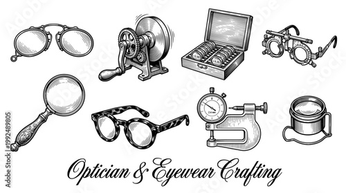 Vintage Optician and Eyewear Crafting Tools Collection featuring Trial Frames, Magnifying Glass, and Lens Grinding Machine Vector Engraving Illustration