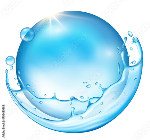 透明感あふれる水しぶきが円を描くダイナミックな構図で清潔感と爽快感を表現したウォーターエフェクトの抽象イラスト素材

