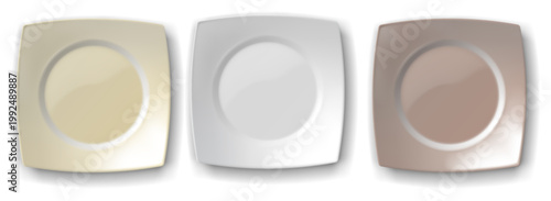 シンプルで上品な質感の異なる3色のプレートを俯瞰で並べたミニマルデザインのテーブルウェア素材で商品撮影にも使える背景イラスト
