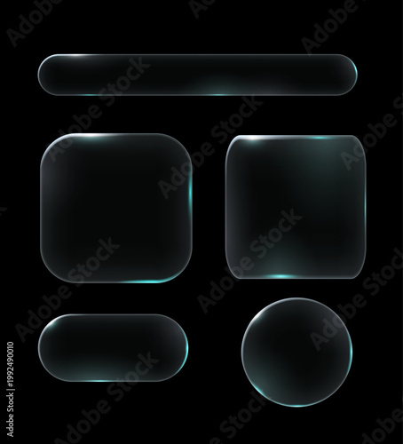 黒背景に浮かぶ発光エッジのガラス調UIパーツセット、丸角ボタンとパネルの近未来インターフェースデザイン素材